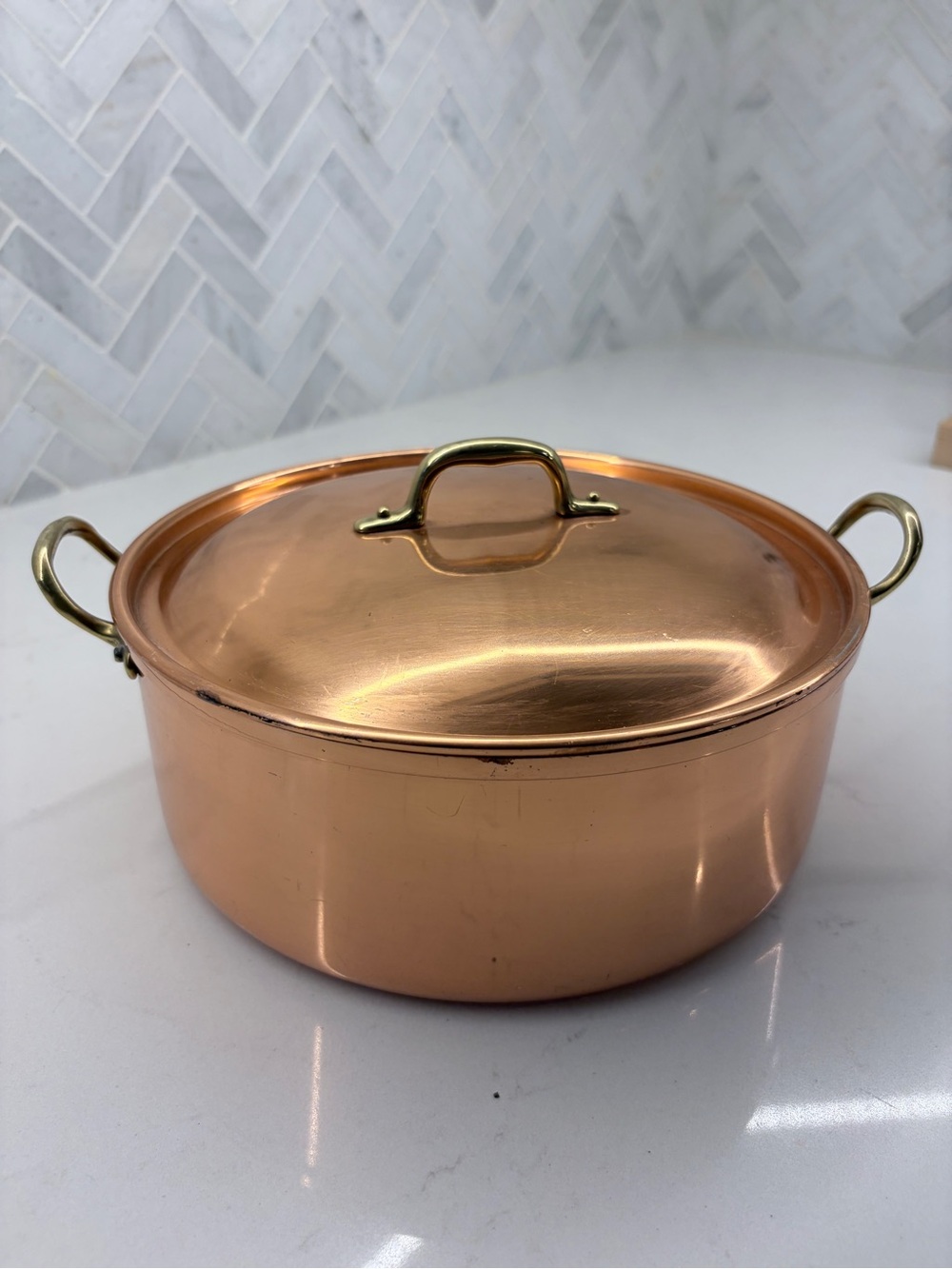 Vintage Tagus Copper Dutch Oven Casserole Pot w/ Brass Handles
